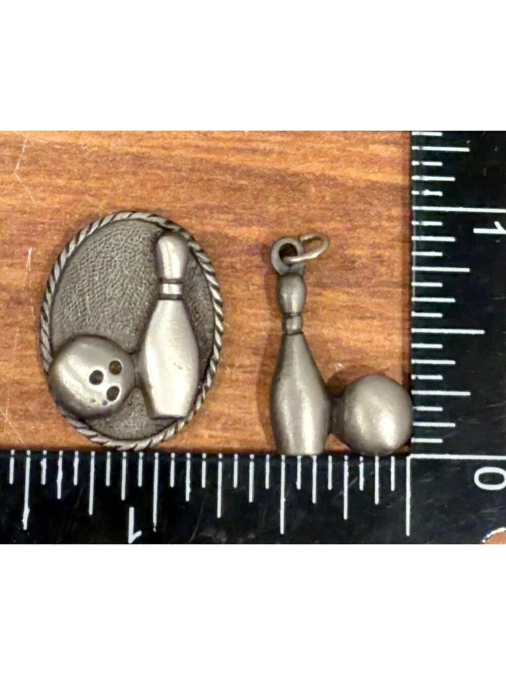 TS Pewter Bowling Charm Pendant Broken Lapel Pin Set Trophy Shop NOS 8.54g